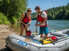 The Trip-Specific River Rescue Kit: An Expert Analysis A fit couple in their late 20s, wearing PFDs over swimwear, preparing their river rescue equipment on a raft by the river.