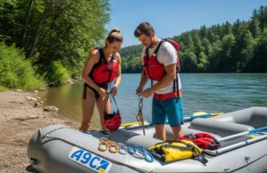 The Trip-Specific River Rescue Kit: An Expert Analysis A fit couple in their late 20s, wearing PFDs over swimwear, preparing their river rescue equipment on a raft by the river.