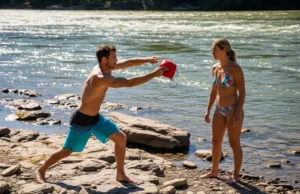 Using a Throw Bag: From Basic Toss to River Rescue A fit man in his late 20s demonstrates how to use a throw bag on a sunny riverbank while a woman in a bikini watches.