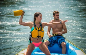 Best River Rescue Throw Bags: Rated for Raft Rescue A fit woman in a bikini and life jacket throws a rescue bag from a raft on a sunny day, with a man assisting her.