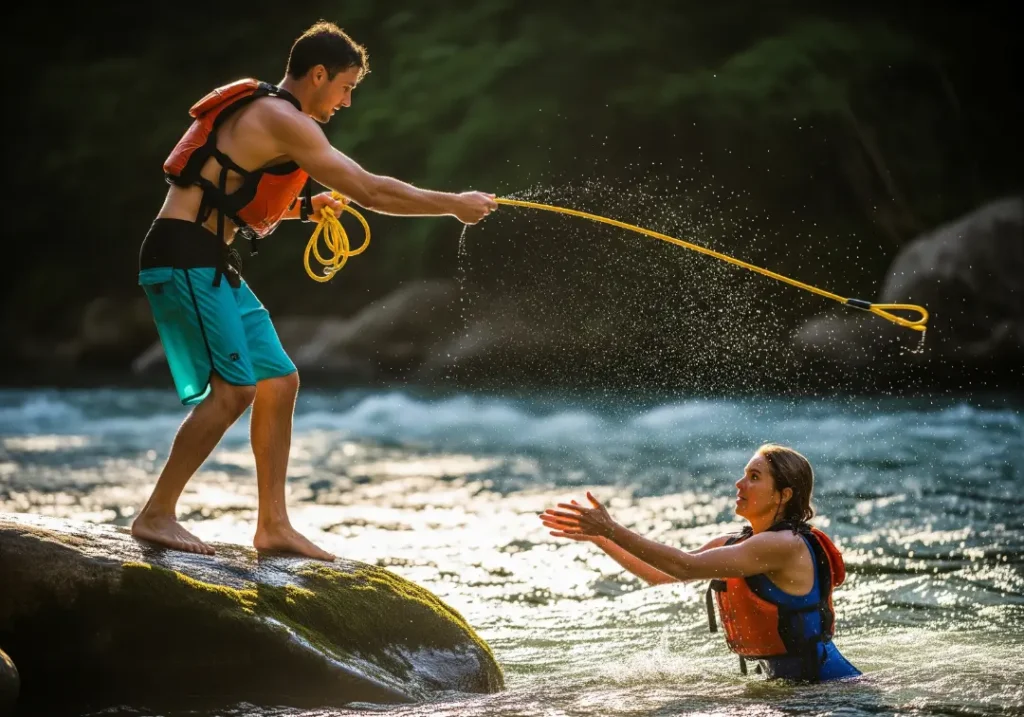 A full-body action shot of a man in boardshorts and PFD throwing a rescue rope to a woman in a swimsuit and PFD in the river.