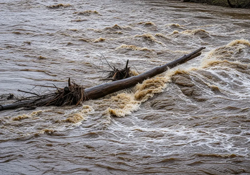 The powerful, muddy, and debris-filled current of a river during high-water spring runoff, as captured by a smartphone.