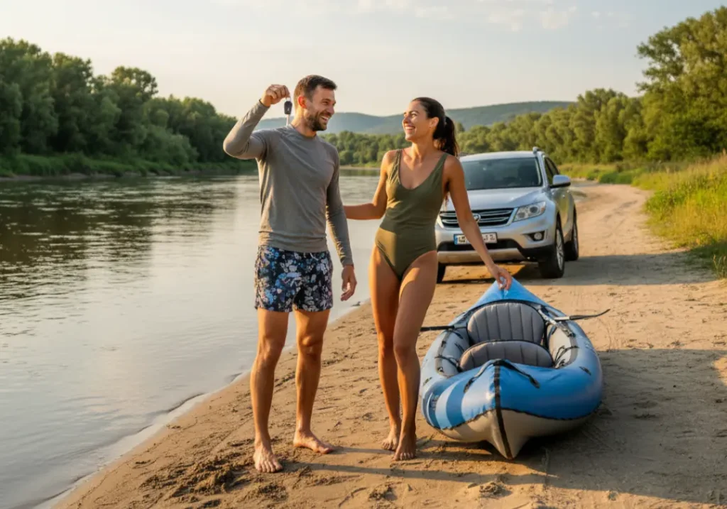 A couple stands by their SUV at a river take-out, the man holding up car keys, celebrating a successful trip.