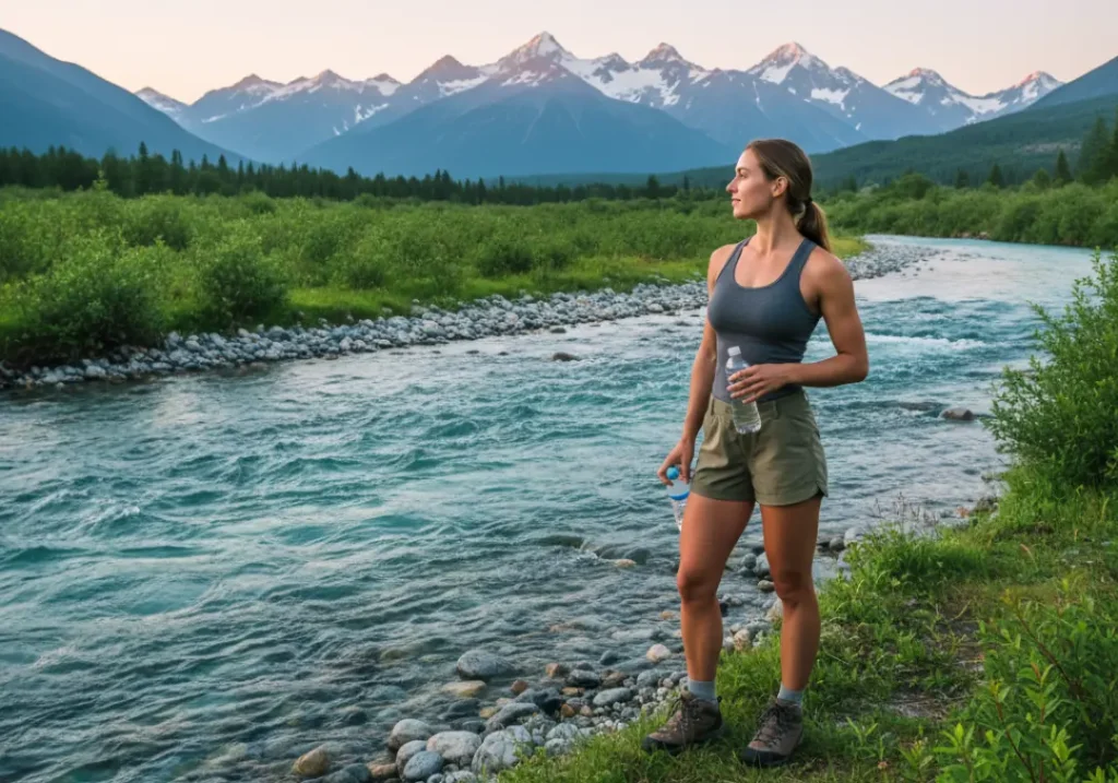 A woman in hiking gear stands on a riverbank, looking thoughtfully at a pristine river flowing through a mountain landscape.