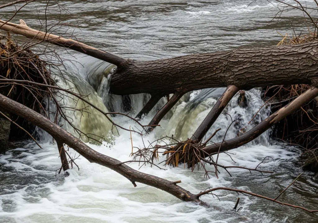A dangerous fallen tree, known as a strainer, lies across a fast-moving river, with water rushing through its branches.