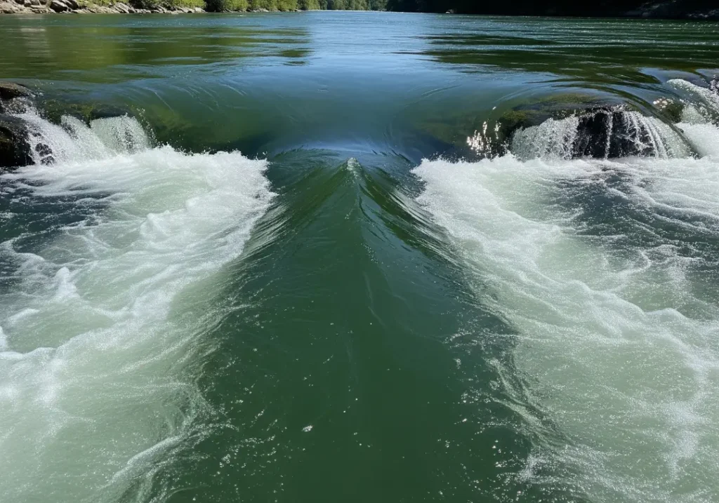 A clear view of a Downstream V in a river, where a tongue of smooth green water shows the safest path between two sections of whitewater.