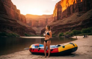 Groovers & Wag-bags: How to Poop on a River Trip A full-body shot of a woman in a bikini standing on a river beach at sunrise, looking at the canyon, representing the comfort achieved by mastering river sanitation protocols.