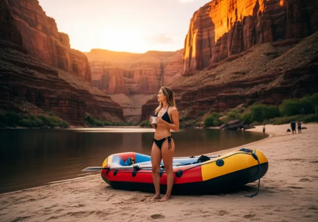 river-trip-bathroom-confidence A full-body shot of a woman in a bikini standing on a river beach at sunrise, looking at the canyon, representing the comfort achieved by mastering river sanitation protocols.