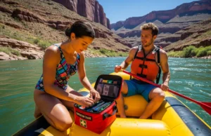 River Trip First Aid: A Field-Tested Planning Guide A man and a woman in their late 20s on a raft, preparing their comprehensive first aid kit for a river expedition.