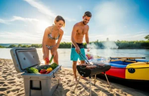 River Meal Planning: Cooler Temps & Food Safety Data A fit couple in their late 20s preparing a steak dinner on a river sandbar, with a raft and a high-performance cooler nearby.