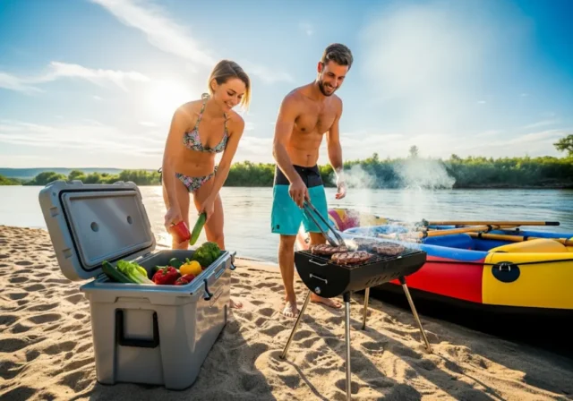 river-trip-meal-planning A fit couple in their late 20s preparing a steak dinner on a river sandbar, with a raft and a high-performance cooler nearby.