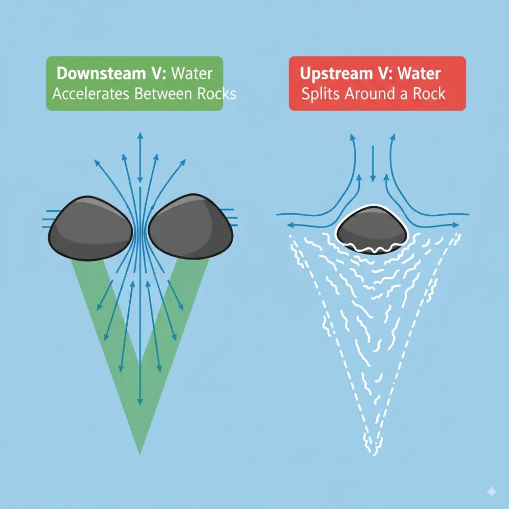 A two-panel diagram explaining river dynamics. The left panel shows how water accelerating between two rocks forms a safe Downstream V. The right panel shows how water splitting around a single rock forms a hazardous Upstream V