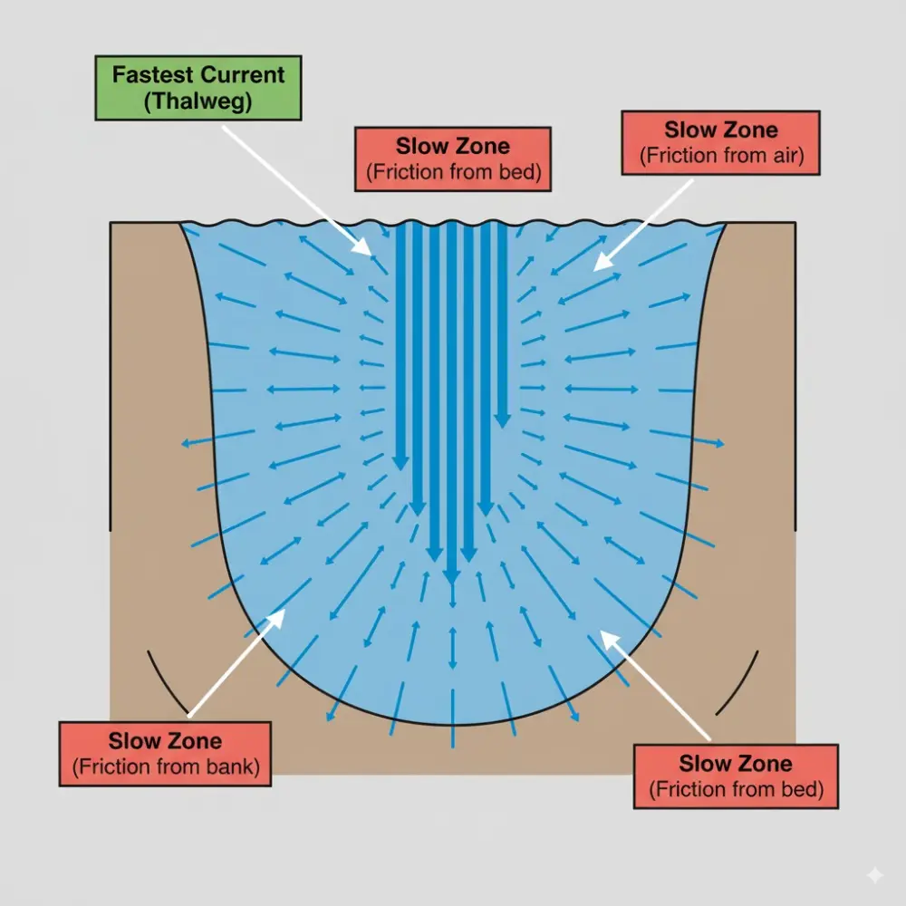 A cross-section diagram of a river's velocity profile, showing how friction slows the current at the bed, banks, and surface. The fastest current, the thalweg, is shown with the longest arrows in a core just below the surface in the center of the channel