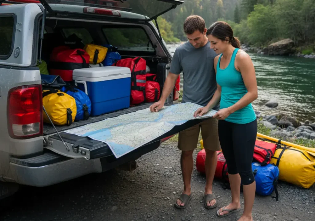 A young couple plans their Rogue River trip, looking at a map spread on their truck's tailgate surrounded by rafting gear.