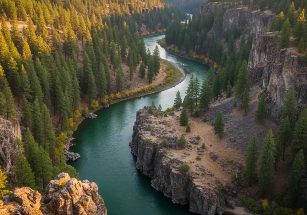 A stunning golden-hour photograph of the Rogue River flowing through a deep, forested canyon.
