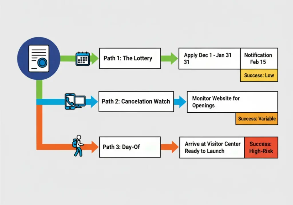 A flowchart infographic explaining the three paths to get a Rogue River permit: the lottery system with key dates, monitoring for cancellations, and arriving day-of for no-shows.