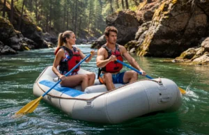 Mastering the Rogue: A Tactical River Rafting Guide A fit young couple in a raft navigate a sunny, tree-lined canyon on the Rogue River.