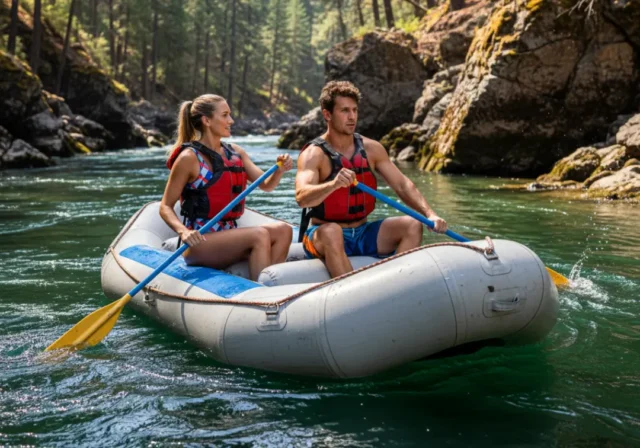 rogue-river-rafting-guide-cover A fit young couple in a raft navigate a sunny, tree-lined canyon on the Rogue River.