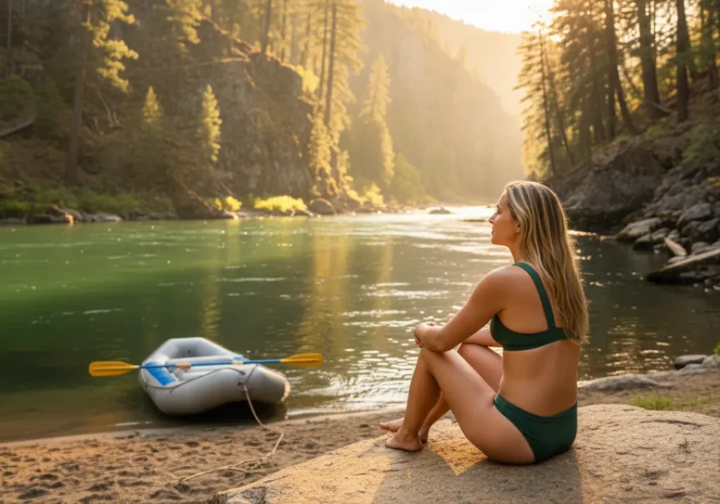 A woman in a bikini sits peacefully on a rock by the Rogue River at sunset, her raft beached nearby.