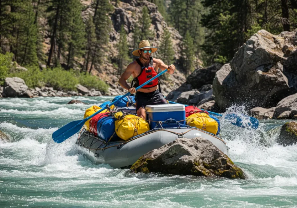 A focused man in his late 20s expertly rows a raft through a challenging whitewater rapid on a sunny day.