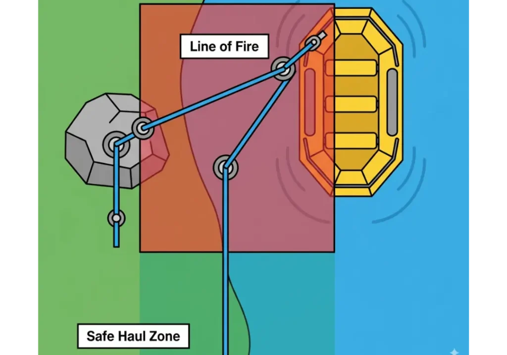 A top-down diagram of a Z-drag rope system, illustrating the dangerous 'Line of Fire' highlighted in red between the anchor and the load, and the 'Safe Haul Zone' highlighted in green, made possible by a change of direction pulley
