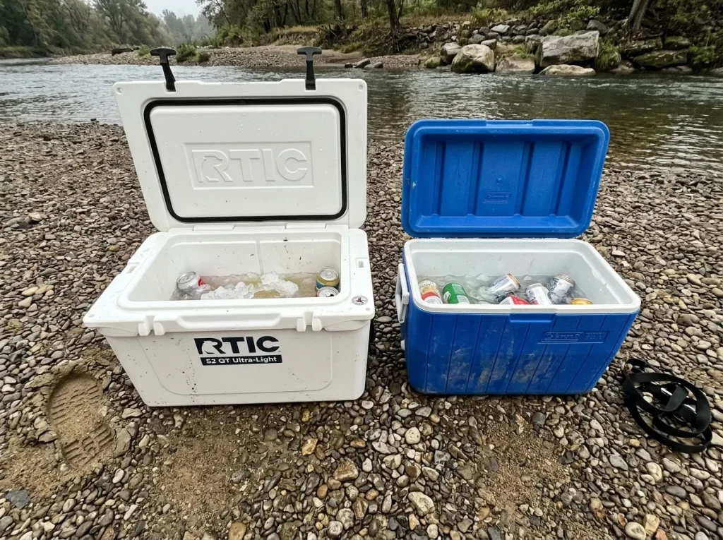 Thick-wall rotomolded cooler open beside a thin-wall injection-molded cooler showing insulation difference