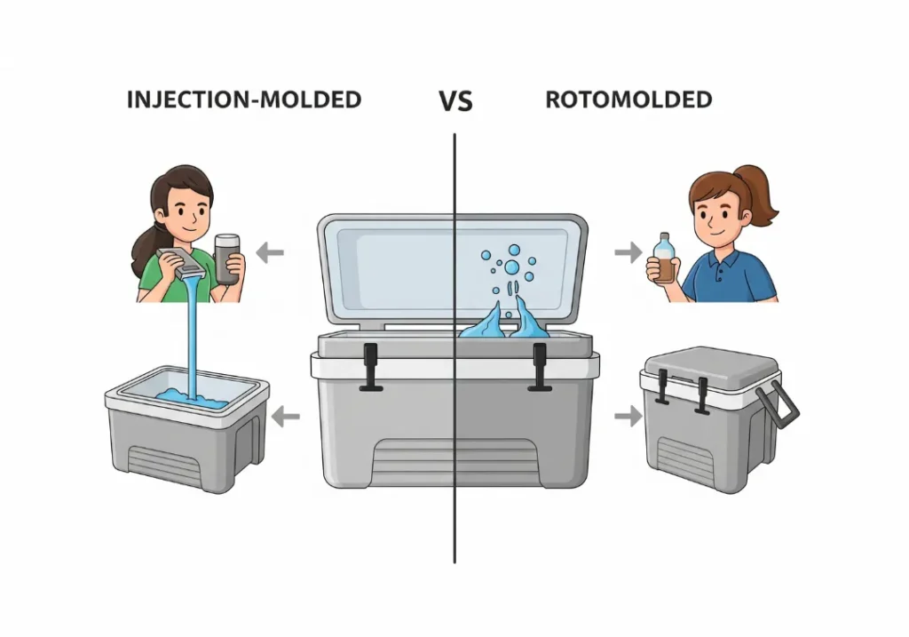 An infographic comparing Injection-Molded and Rotomolded coolers. The Injection-Molded side shows a cooler with seams labeled as 'Potential Failure Points,' while the Rotomolded side shows a seamless, single-piece cooler labeled 'Single-Piece Construction for Maximum Durability.'

