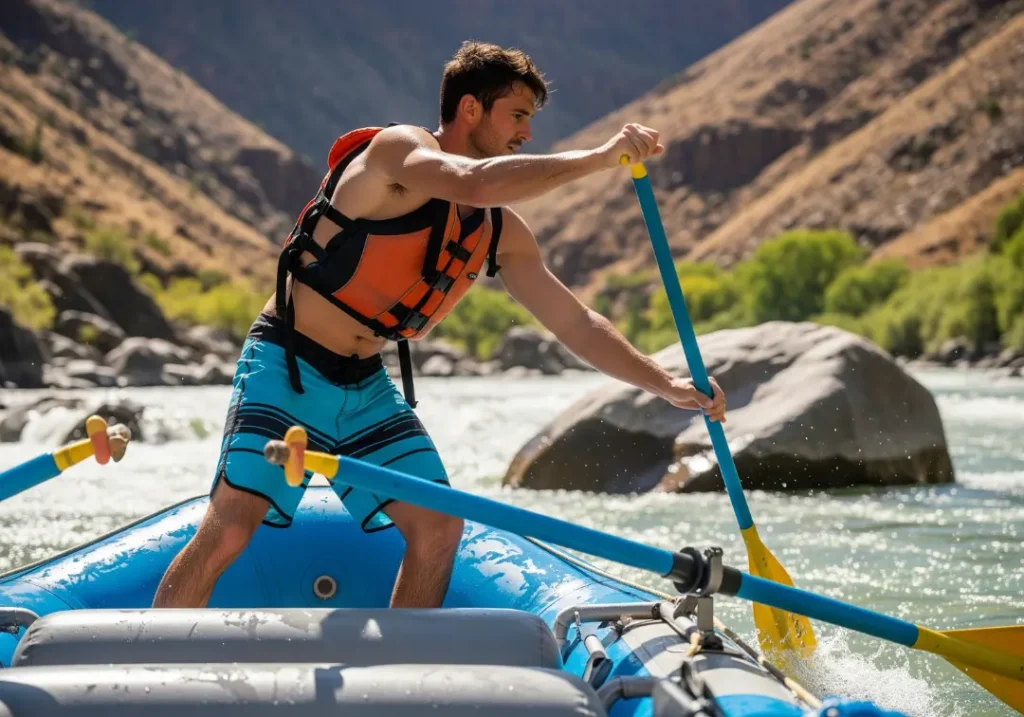 Full-body shot of a fit man in his late 20s using finesse with his oars to expertly guide a raft into a river eddy.