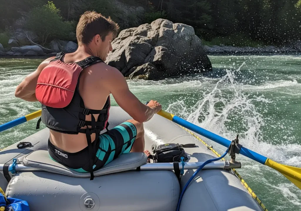 A full-body shot of a fit man in his late 20s using oar strokes to control a raft in technical whitewater.