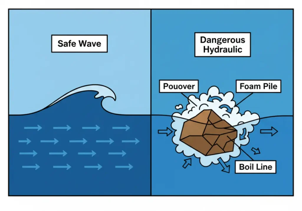 An infographic comparing a safe river wave with a dangerous hydraulic. The safe wave shows all water flowing downstream. The hydraulic shows a cross-section with recirculating surface current and is labeled with its parts: Pourover, Foam Pile, and Boil Line.