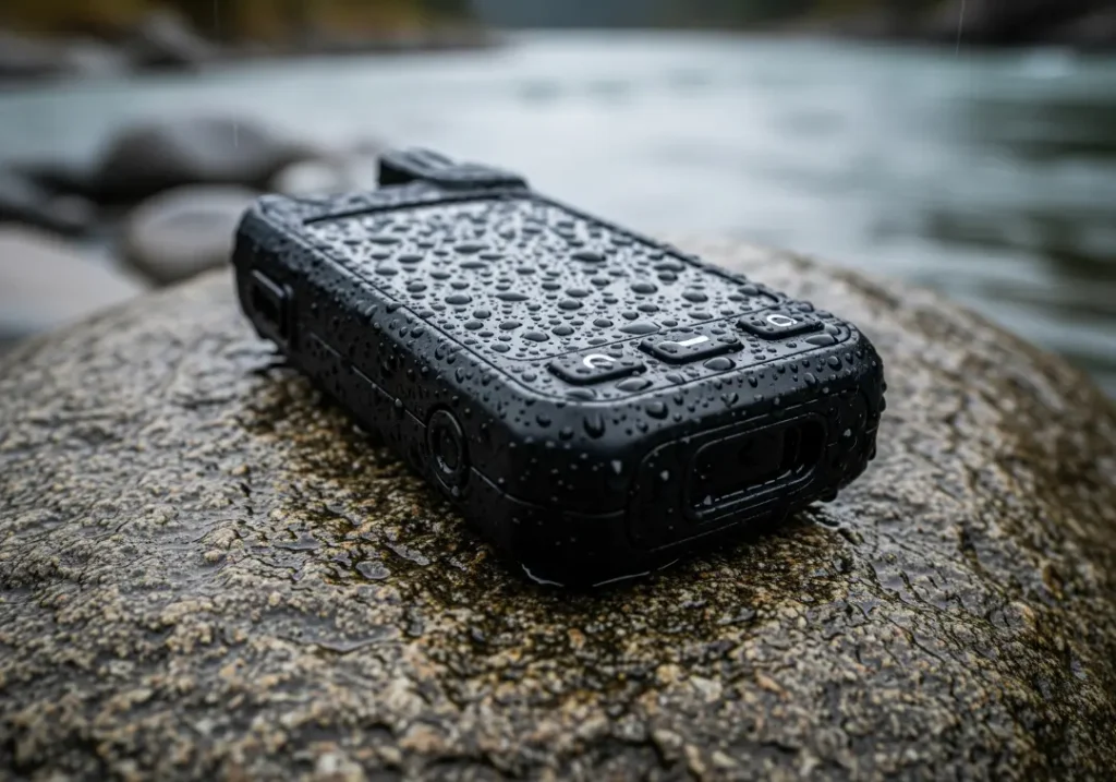 A close-up of a satellite communicator resting on a wet rock by a river, symbolizing the call for a professional rescue.