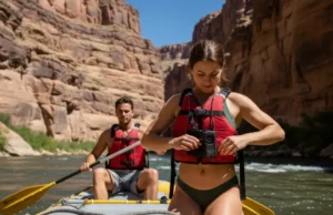 Best Satellite Messenger for Rivers (River-Tested Guide) A full-body shot of an athletic woman in a bikini and PFD checking a satellite messenger on a raft, with her partner paddling in a sunny river canyon.