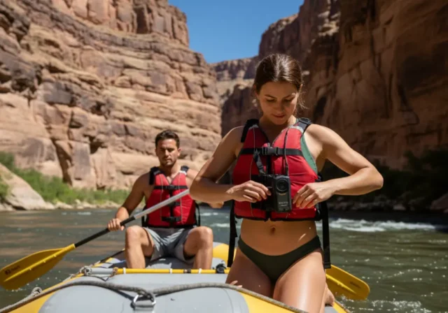 satellite-messenger-river-rafting-guide A full-body shot of an athletic woman in a bikini and PFD checking a satellite messenger on a raft, with her partner paddling in a sunny river canyon.