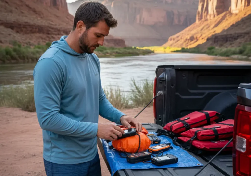 A full-body shot of a fit man organizing various satellite messengers and rafting safety gear on the tailgate of his truck near a river.