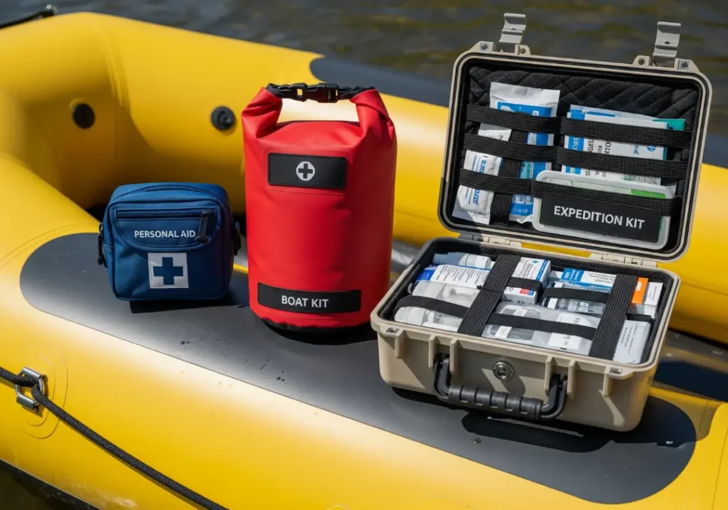 A three-tiered river first aid system with a small personal kit, a medium boat kit in a dry bag, and a large expedition kit in a hard case, all laid out on a raft.