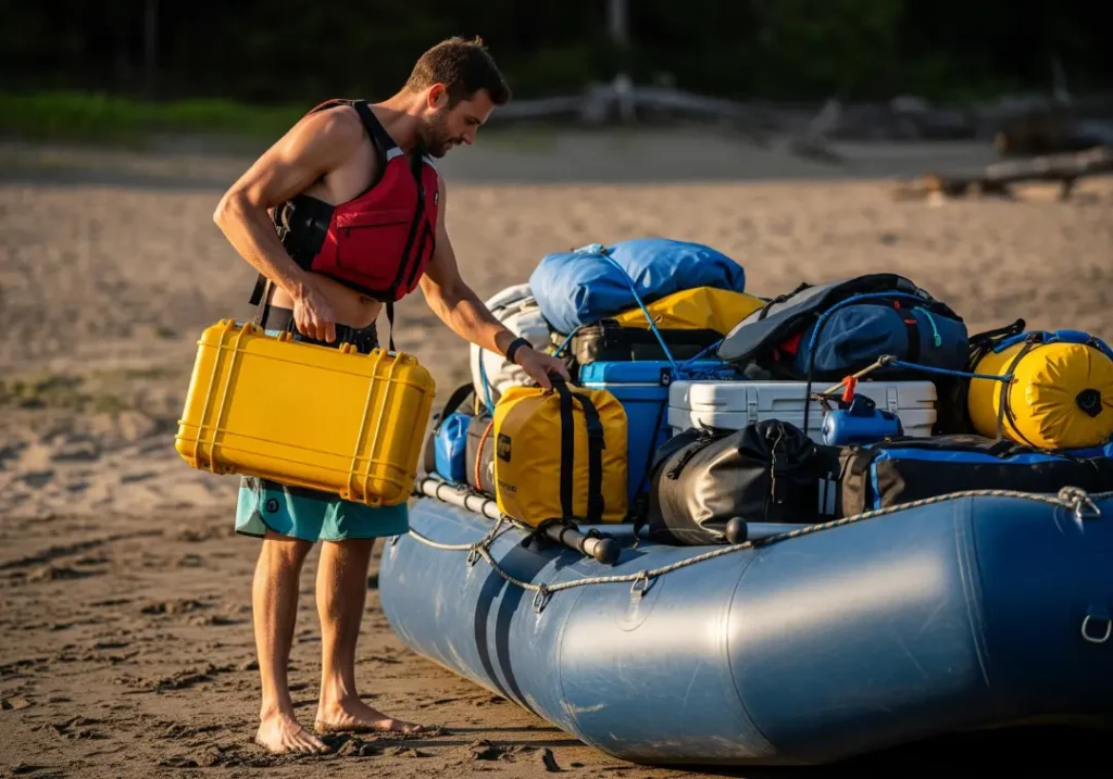 A man in boardshorts packs a large expedition first aid case into a fully loaded raft on a river beach at sunset.