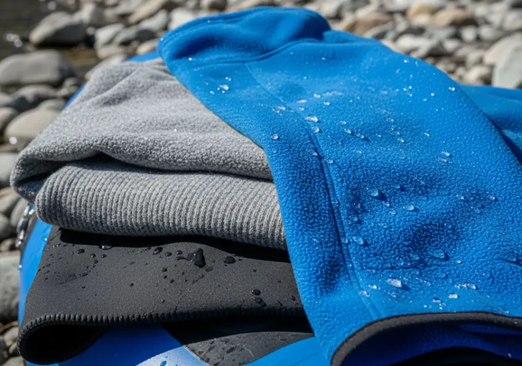 A close-up of cold-water clothing fabrics—neoprene, wool, and fleece—laid out on a raft, showing how water interacts with their textures.