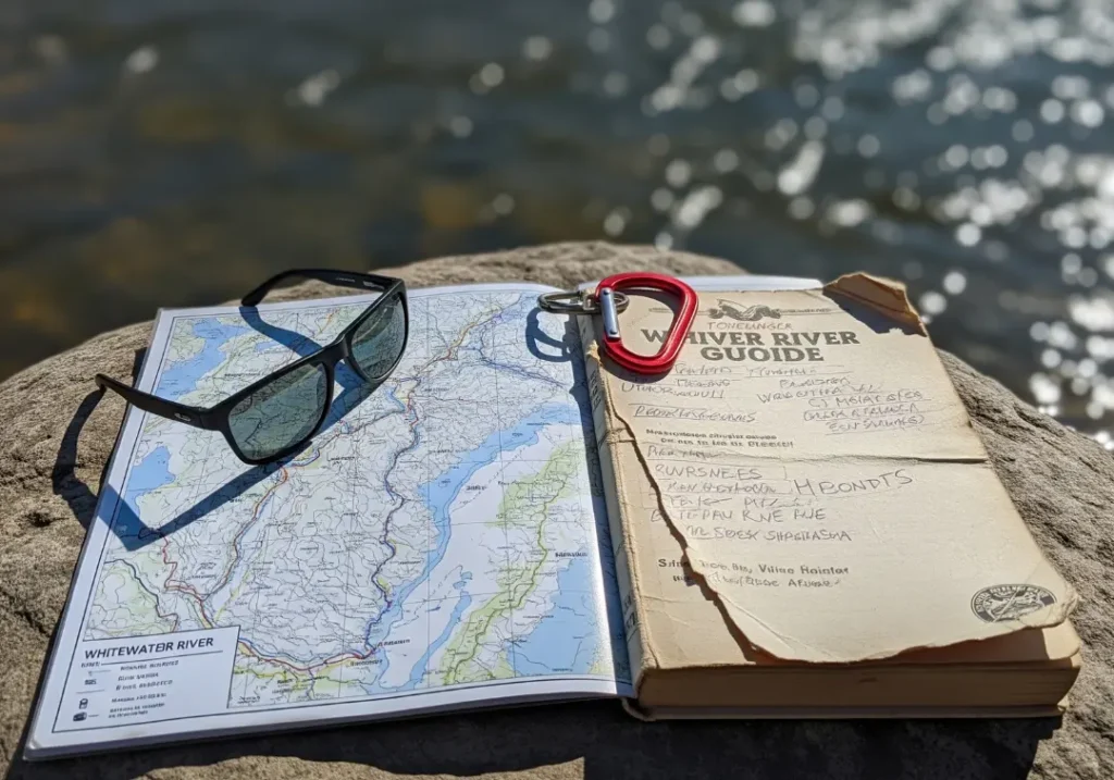 A waterproof river map and a guidebook laid out on a rock next to a river, representing pre-trip preparation.
