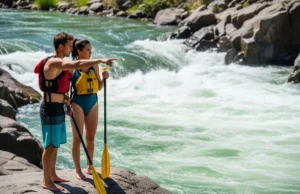 How to Scout a Rapid: The Guide’s Field Blueprint A fit couple in their late 20s, wearing PFDs and swimwear, stand on a rock scouting a whitewater rapid from the riverbank.