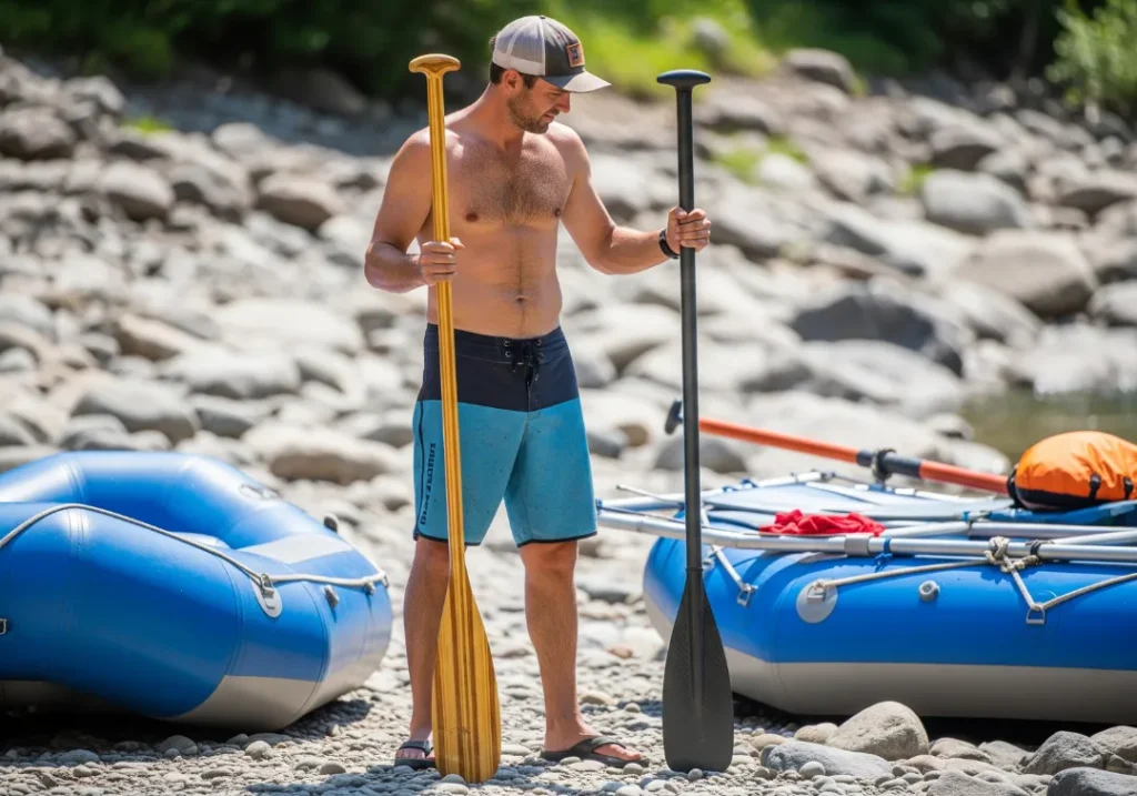 Full-body shot of a fit man in his late 20s on a riverbank, comparing a wooden oar and a carbon fiber oar before a rafting trip.