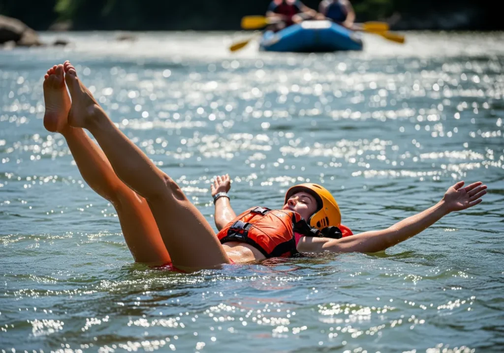 A full-body shot of a fit woman in a bikini and PFD demonstrating the correct self-rescue safe swimmer's position in a river.