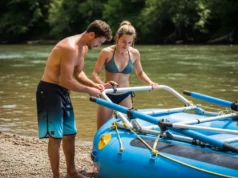 Setting Up an Oar Frame: The Definitive Rigger’s Method A fit couple in their late 20s work together to assemble an oar frame on their raft by a sunny riverbank.
