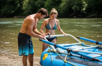 Setting Up an Oar Frame: The Definitive Rigger’s Method A fit couple in their late 20s work together to assemble an oar frame on their raft by a sunny riverbank.
