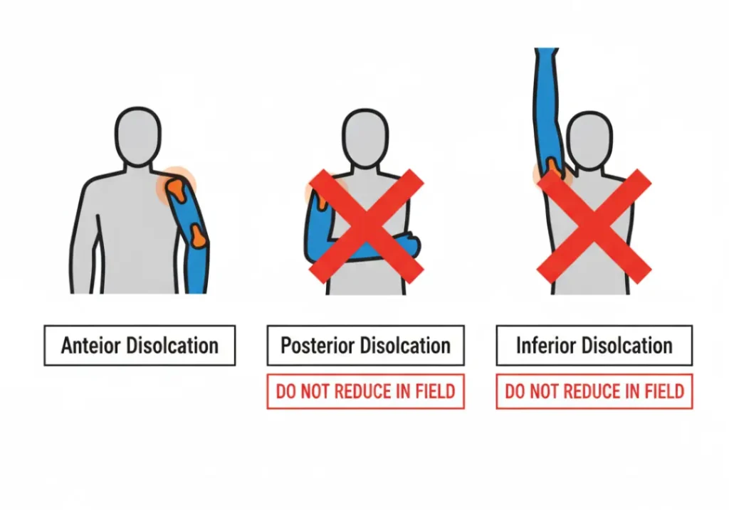 An infographic illustrating the three main types of shoulder dislocations. It shows figures for Anterior dislocation (arm held out), Posterior dislocation (arm held in), and Inferior dislocation (arm locked overhead). The Posterior and Inferior types are marked with a red 'X' and a warning not to reduce in the field.