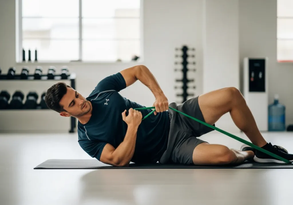 A full-body shot of a man performing a banded external rotation exercise on a yoga mat to strengthen his shoulder and prevent injury.