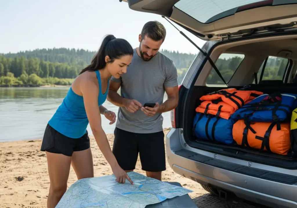 A man and woman plan their river trip using a map and smartphone at the back of their gear-loaded SUV.