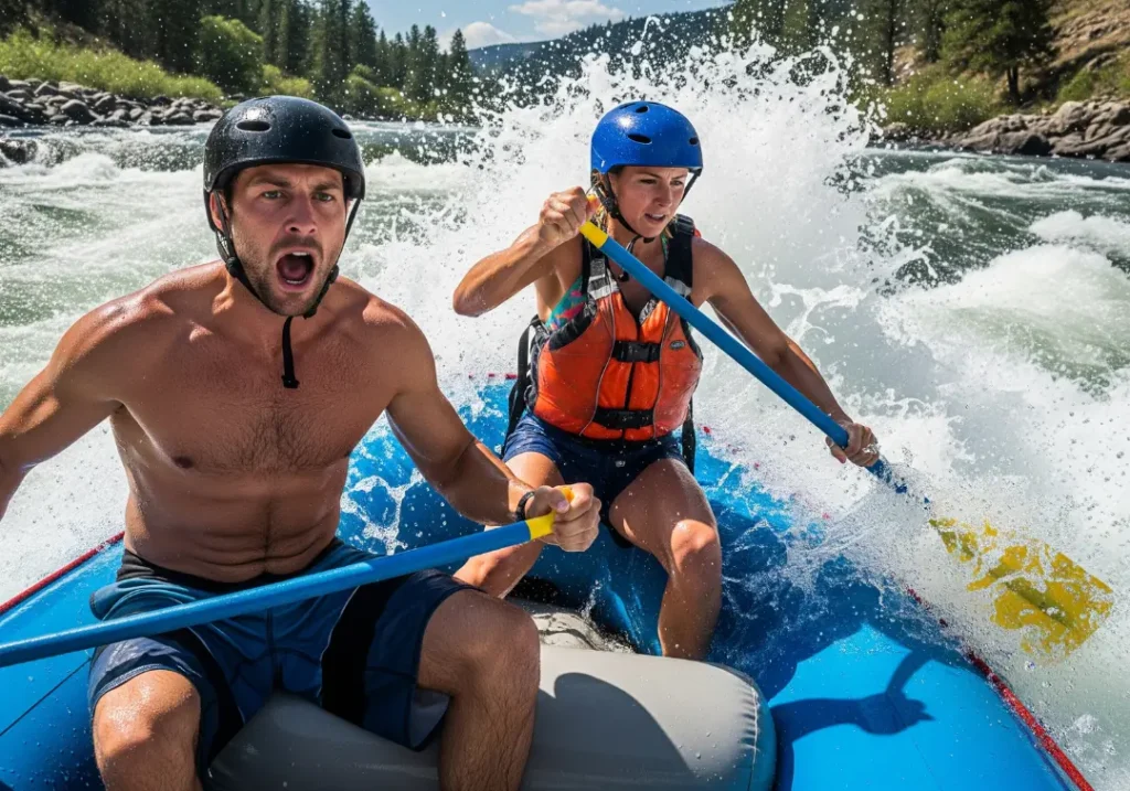 A couple in a raft struggles to communicate verbally amidst the loud whitewater, highlighting the need for silent hand signals.
