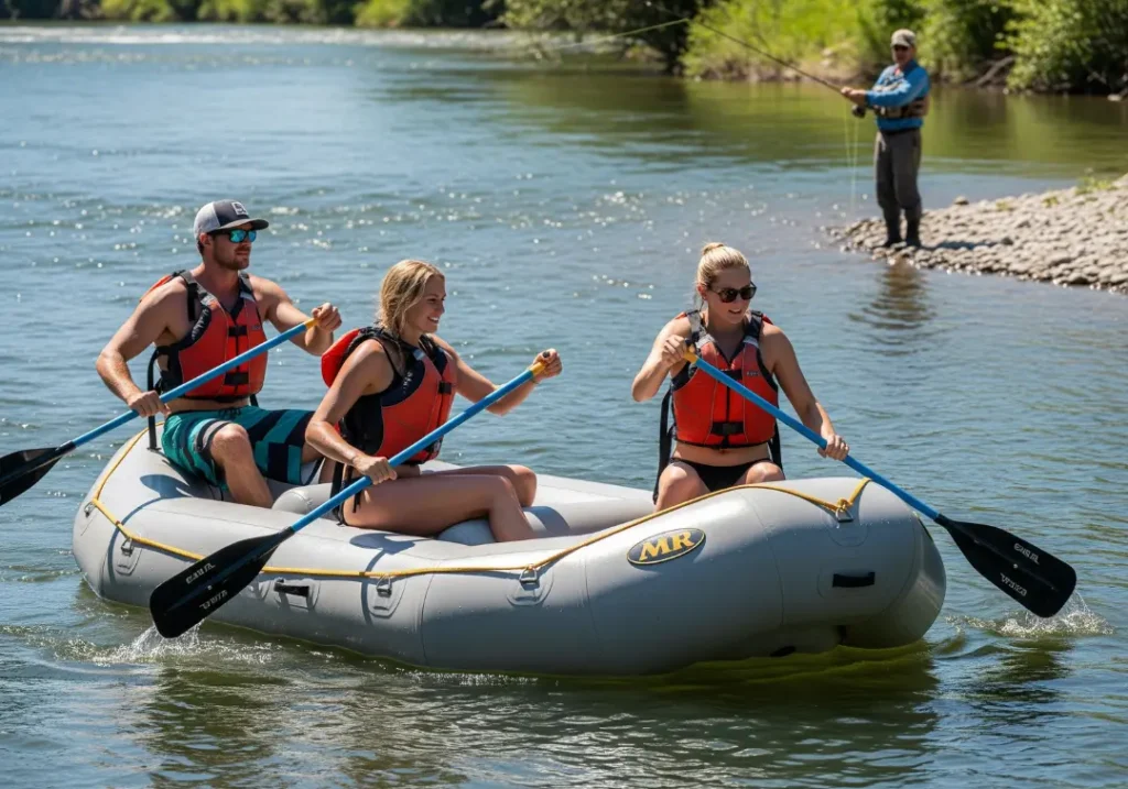 A full-body shot of three rafters in swimwear and PFDs paddling their raft to the far side of a river to respectfully avoid a fly fisherman.