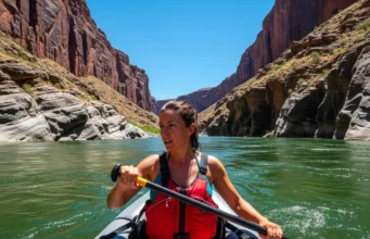 Rafting Alone: The Definitive Safety & Solo Trip Guide A full-body shot of a fit woman in her late 20s wearing a bikini and a life jacket, paddling a solo raft on a sunny day in a remote river canyon.