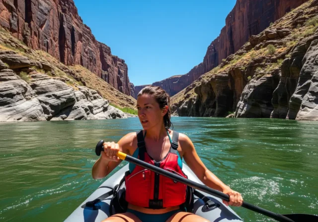 solo-rafter-woman-safety-guide A full-body shot of a fit woman in her late 20s wearing a bikini and a life jacket, paddling a solo raft on a sunny day in a remote river canyon.